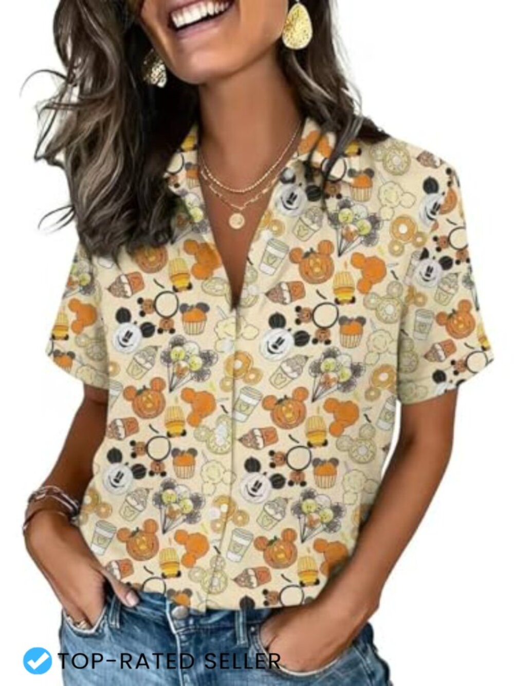Halloween Button Down Shirt Women Short Sleeve Polyester Spandex Party Top